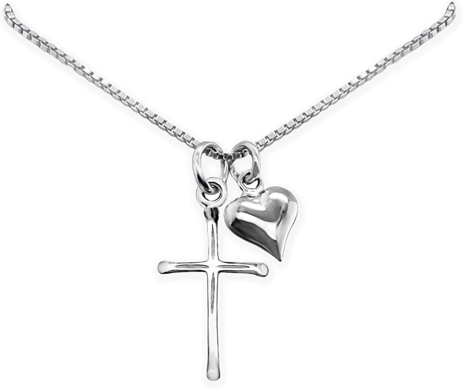 Delicate and Dainty Sterling Silver Cross Necklace with Puffed Heart Charm for Women, 18 inches