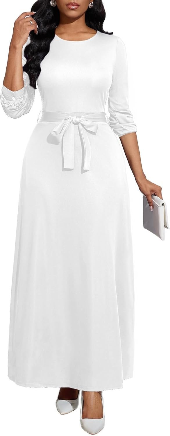 BubFee Long Dress for Women Casual Long Sleeve Dresses Maxi Dress Empire Waist Loose with Belt
