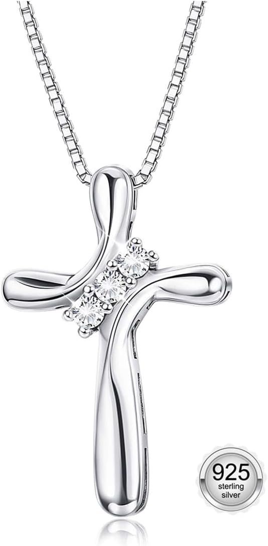 FUNRUN JEWELRY 925 Sterling Silver Cross Necklace for Women 3 Stone Cubic Zirconia Silver Cross Pendant Necklaces with 1 MM Box Chain,18 Inches