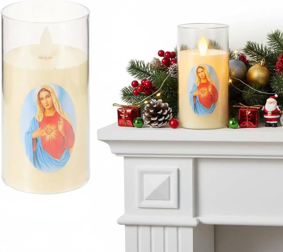 Angoily Virgin Mary Prayer Candle LED Religious Candles Small Flickering Flameless Night Light Battery Operated for Easter Devotional Religious Ceremonies Home Altar Church Decor 5.90×3.14×3.14in