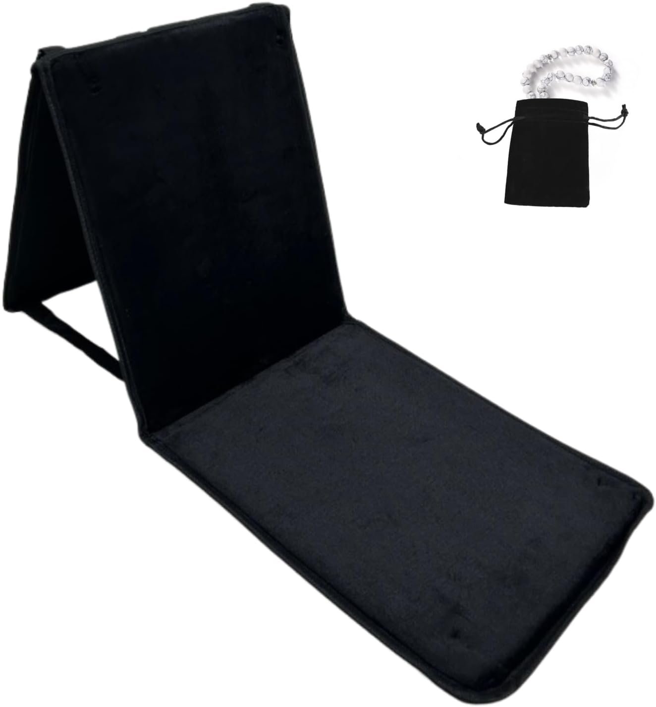 Small Back Support Prayer Mat for Muslims – Foldable Prayer Rug with Backrest, Comfortable Compact Salah Mat with Islamic Design – Ideal Ramadan & Eid Gift for Men, Women & Kids (Black)