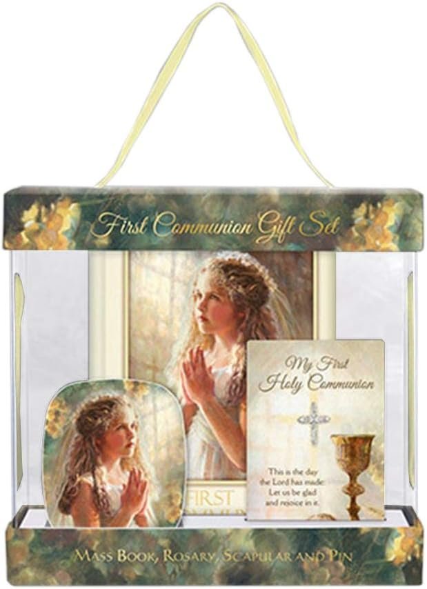 First Communion Kit Gift Set with Mass Book Lapel Pin and Rosary for Girls