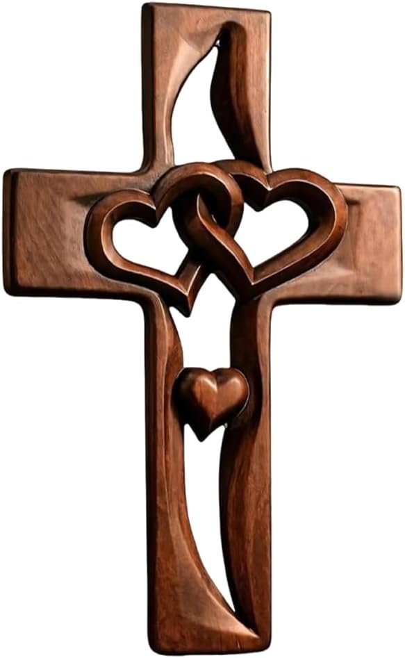 Bazuo Hand-Carved Intertwined Hearts Wooden Cross, Vintage Wooden Intertwined Heart-Shaped Cross, Hangable Wedding Cross Wall Decor (Retro)