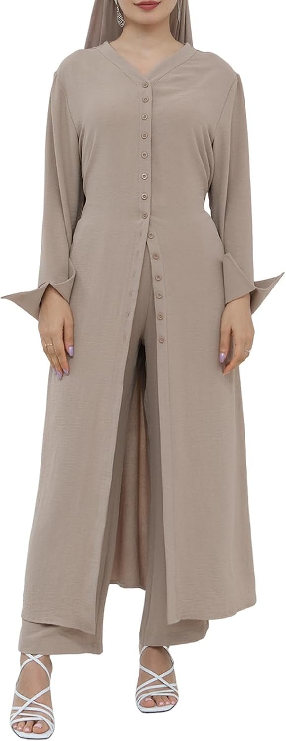 Women’s Muslim 2 Pieces Sets Long Sleeve Button Down Shirt and Pants Eid Ramadan Abaya Casual Dress Dubai Outfits