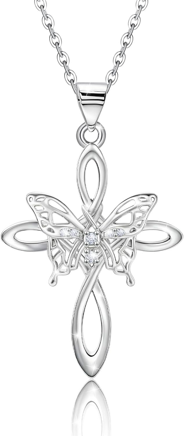 Celtic Cross Necklace for Women, Sterling Silver Pendant Necklace with Cubic Zirconia, Religious Butterfly Celtic Knot Cross Jewelry, Adjustable 20 Inch Necklaces for Faith Gifts for Her Wife Mom