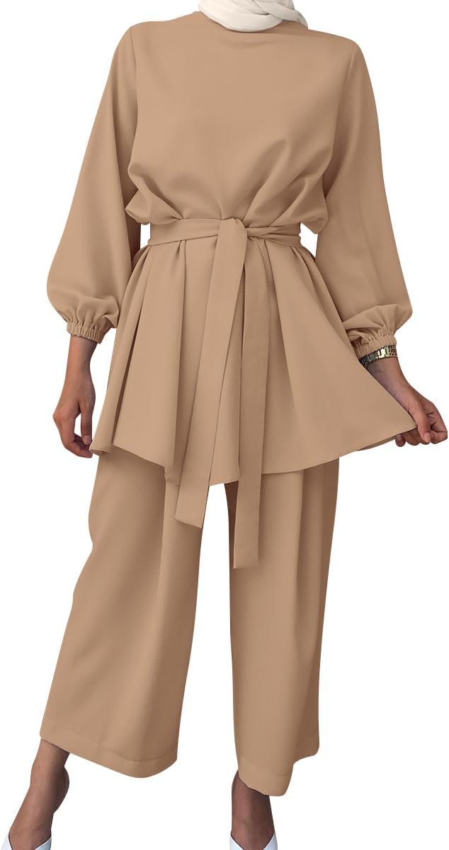 IWEMEK Abayas for Women Muslim Long Sleeve Loose Top Pants 2 Pcs Eid Ramadan Outfits Casual Islamic Muslim Clothes with Belt