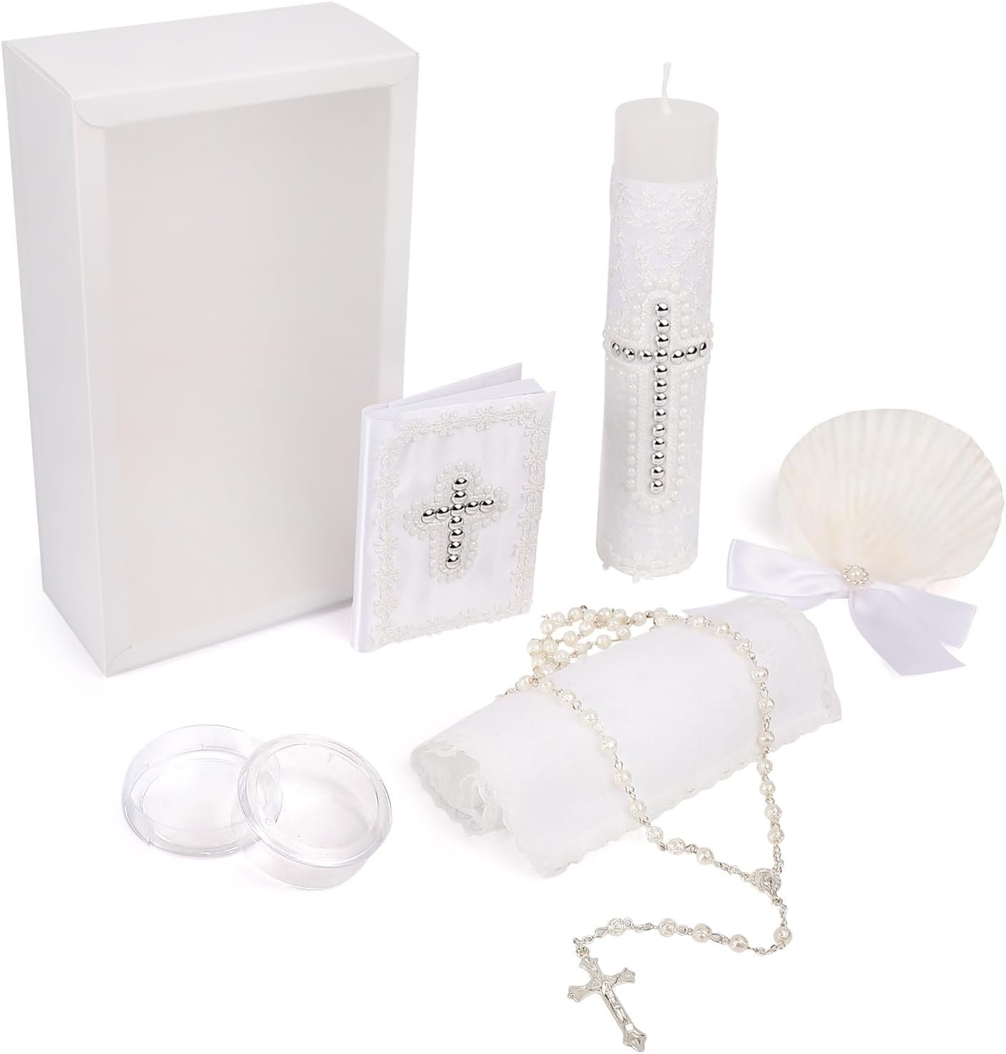 5 PCS Baptism Candle Sets for Boys and Girls,White Baptism Kit Catholic Candl,Towel,Shell,Rosary andBible for Baptismal Christening First Communion Gift,Velas para Bautizo De Niño o Niña