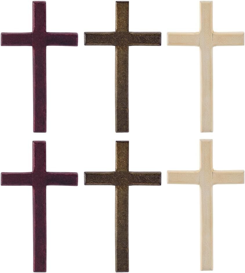 CRAFTYMELODY 6Pcs 3 Colors Wooden Cross Decor Wood Cross Wall Decor Hand Held Crucifix Natural Wood Christian Faithful Gift for Hanging Home Office Church Christmas Easter Decoration