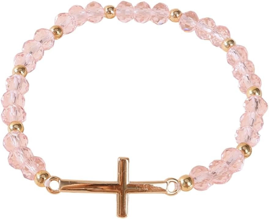 Pingyongchang Colorful Crystal Beaded Cross Bracelet Retro Stainless Steel Cross Stretch Bracelet Christian Religious Jewelry Gifts for Women Men