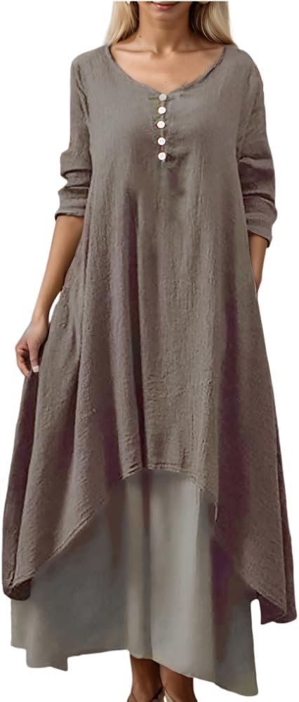 Women’s Cotton Linen Double Layer Irregular Dresses Loose Crewneck Long Sleeve Flowy Plus Size Maxi Dress with Pockets