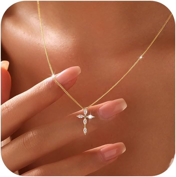 925 Sterling Silver Cross Necklaces for Women Mom Daughter 14K Gold Plated Non Tarnish Dainty Cubic Zirconia Pendant Necklace Trendy Simple Cross Charm Chain Birthday Mothers Day Jewelry Gift