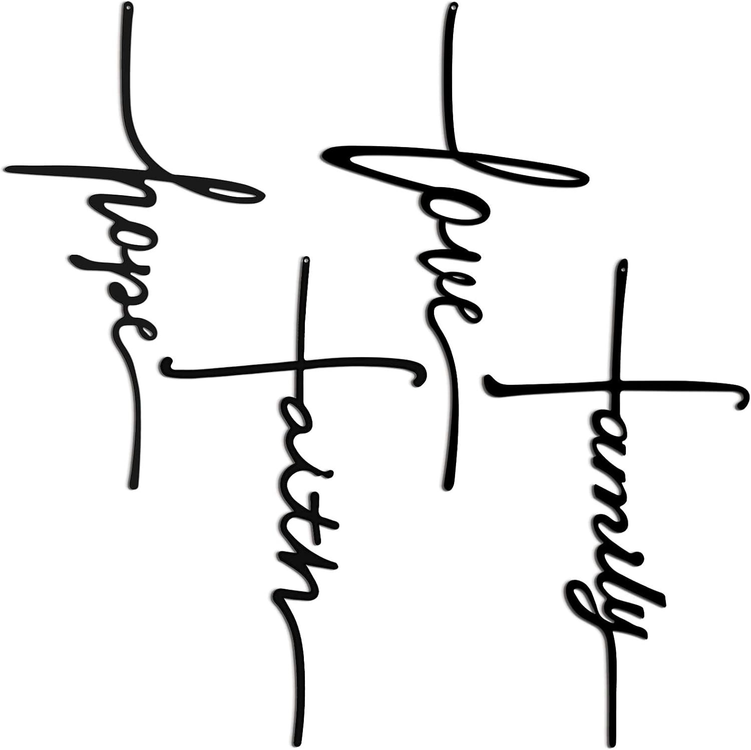 Hotop 4 Pcs Cross Wall Decor Love Faith Hope Family Metal Wall Sign Decor Easter Cross Religious Spiritual Hanging Art Decoration for Home Easter Decoration, 8 x 15 Inch