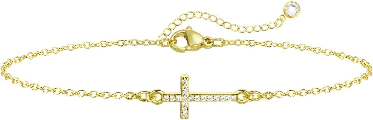 Emibele Gold Cross Bracelet for Women, Trendy Cubic Zirconia Gold Cross Bracelet 14K Gold Plated Bracelets, Adjustable Simple Link Chain for Women Faith Gold Jewelry Religious Christian Baptism Gifts