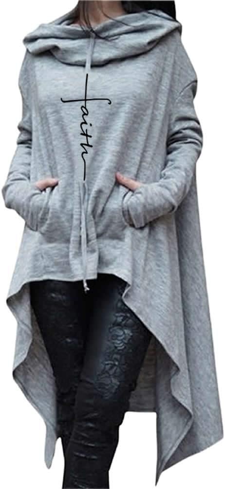 Faith Print Long Sleeve Loose Casual Pullovers Irregular Hem Long Hoodies for Women