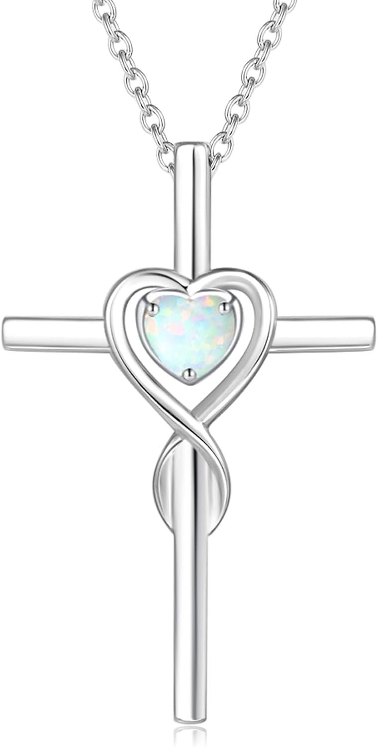 FANCIME Birthstone Cross Necklace for Women Birthstone Necklace Heart Infinity Cross Pendant Necklace Fine Jewelry Christmas Birthday Holiday Gifts for Her, 16″+2″ Inches
