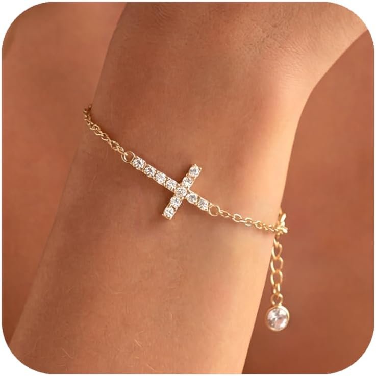 Graduation Gifts Dainty Cross Gold Bracelets for Women 18K Gold Plated Trendy Bracelet Christian Baptism Gifts Jesus Cross Bracelet for Women