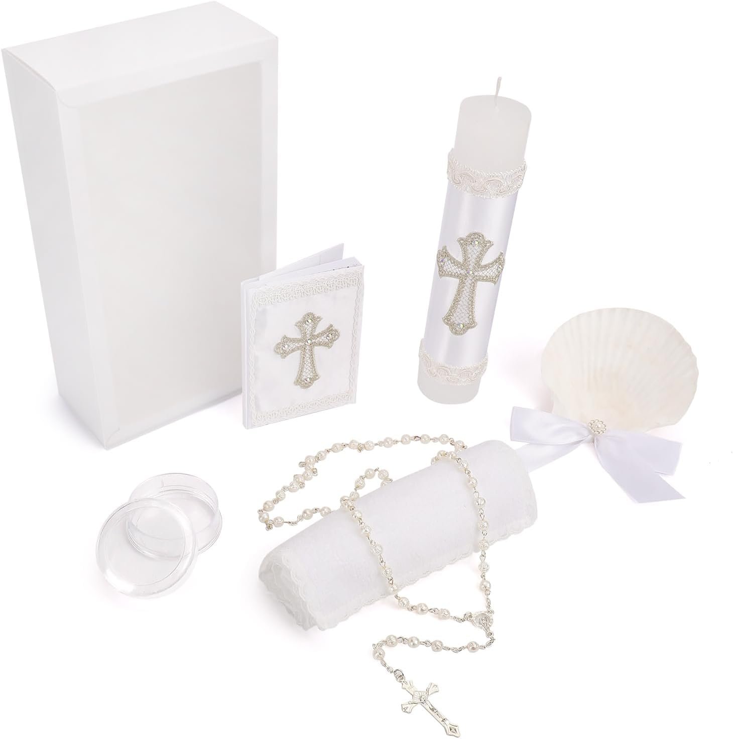 5 PCS Baptism Candle Set for Boys and Girls,White Baptism Kit Candle,Towel,Shell,Rosary andBible for Baptismal Christening First Communion Gift,Velas para Bautizo De Niño o Niña
