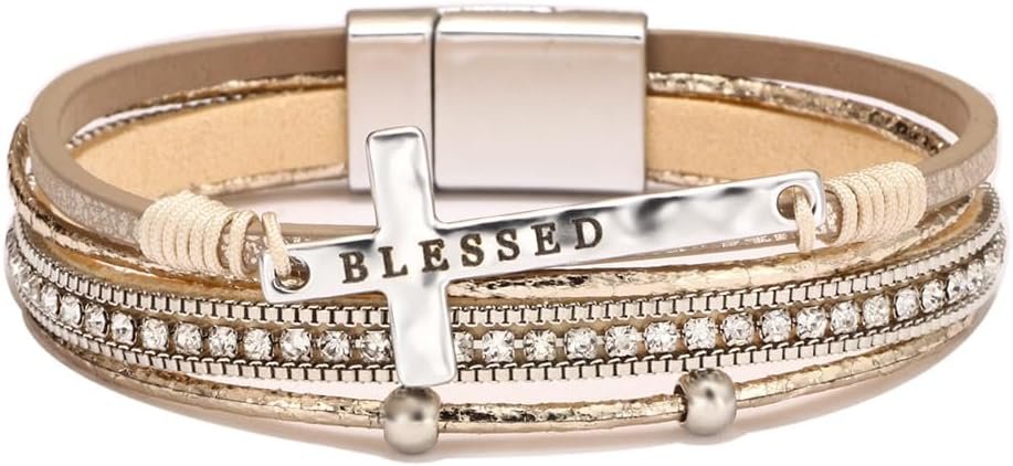 Religious Cross Engraved Blessed Leather Wrap Match Strand Bracelet for Women Multi-Layer Boho Beaded Cuff Bangle Bracelet Christian Jewelry