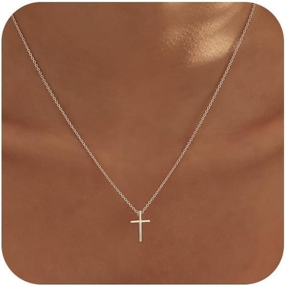 Cross Necklace for Women, Dainty 14K Gold Plated Cross Pendant Necklace Small Cross Choker Cute Gold Necklaces for Women Trendy Cute Baptism Religious Faith Jewelry Teen Gifts