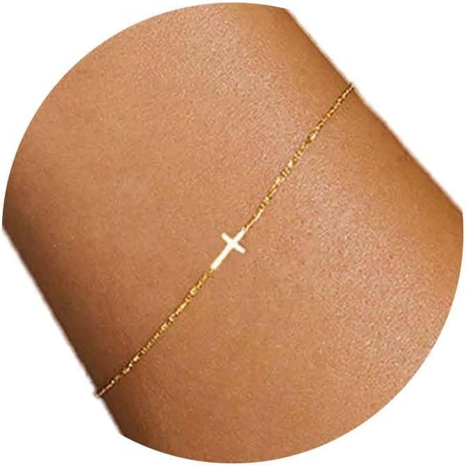 18K Gold Plated Pearl Beaded Cross Bracelets for Women Adjustable Stainless Steel Dainty Thin Gold Box Cuban Twisted Link Chain Bracelet Bridesmaid Jewelry Christmas Gifts