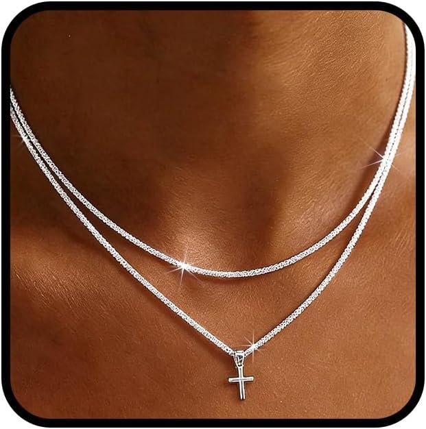 925 Sterling Silver Necklace for Women Shiny Cross Pendant Paperclip Necklaces Layered Dainty Necklace Jewelry Gifts