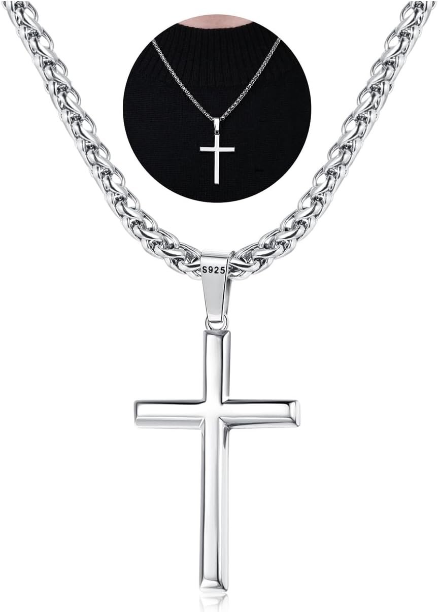 LOLIAS 925 Sterling Silver Cross Necklace Men-Removable Silver Cross Pendant with Hypoallergenic 316L Stainless Steel Wheat Chain Crucifix Necklace Jewelry for Mens Women, 16-30 Inches