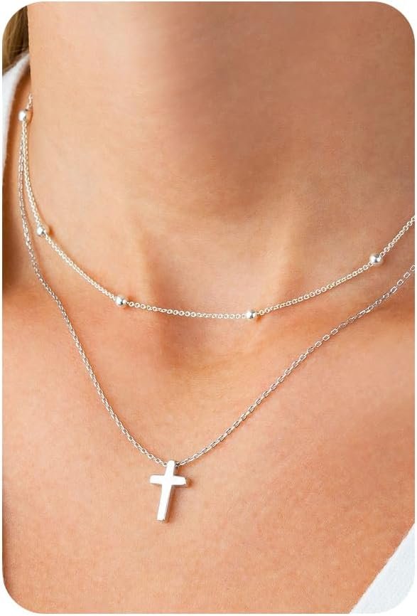 14K Gold Layered Cross Necklaces for Women,Tiny Small Sideways Cross Necklace Minimalist Christian Jewelry Gifts First Communion Confirmation Easter Stuff,2Pcs