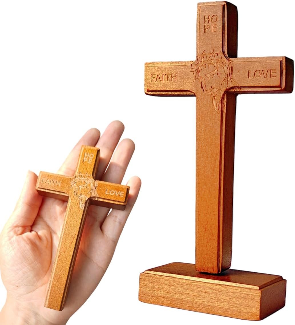 PHYUKEY Wooden Wall Cross with Jesus Christ, Small Cross Standing Crucifix with Detachable Stand for Wall Hanging or Tabletop Display, Christian Gift & Catholic Home Decor- 5.5in