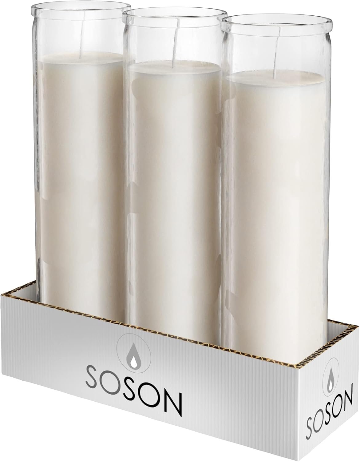 Simply Soson 2×8 inch 7 Day White Pillar Candles in Glass Set of 3, Up to 90 Hour Burn time, Unscented Prayer, Religious Candles for Memorials, Vigil, and Emergency