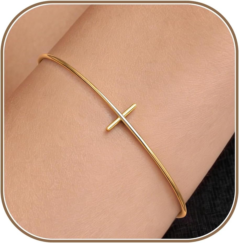 Mothers Day Gifts Cross Cuff Bracelet for Women, 14K Gold Plated Dainty Minimalist Thin Wire Open Bangle, Lightweight Non Tarnish Hypoallergenic Christian Faith Confirmation Jewelry