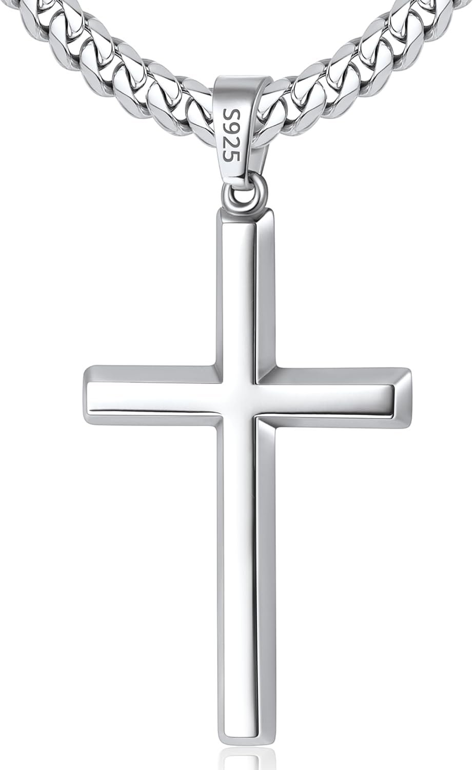925 Sterling Silver Cross Necklace for Men Boys, 18k Gold Plated Sterling Silver Cross Necklace with 4mm Stainless Steel Cuban Link Chain for Men, Mens Chain Necklaces 16-26 Inch