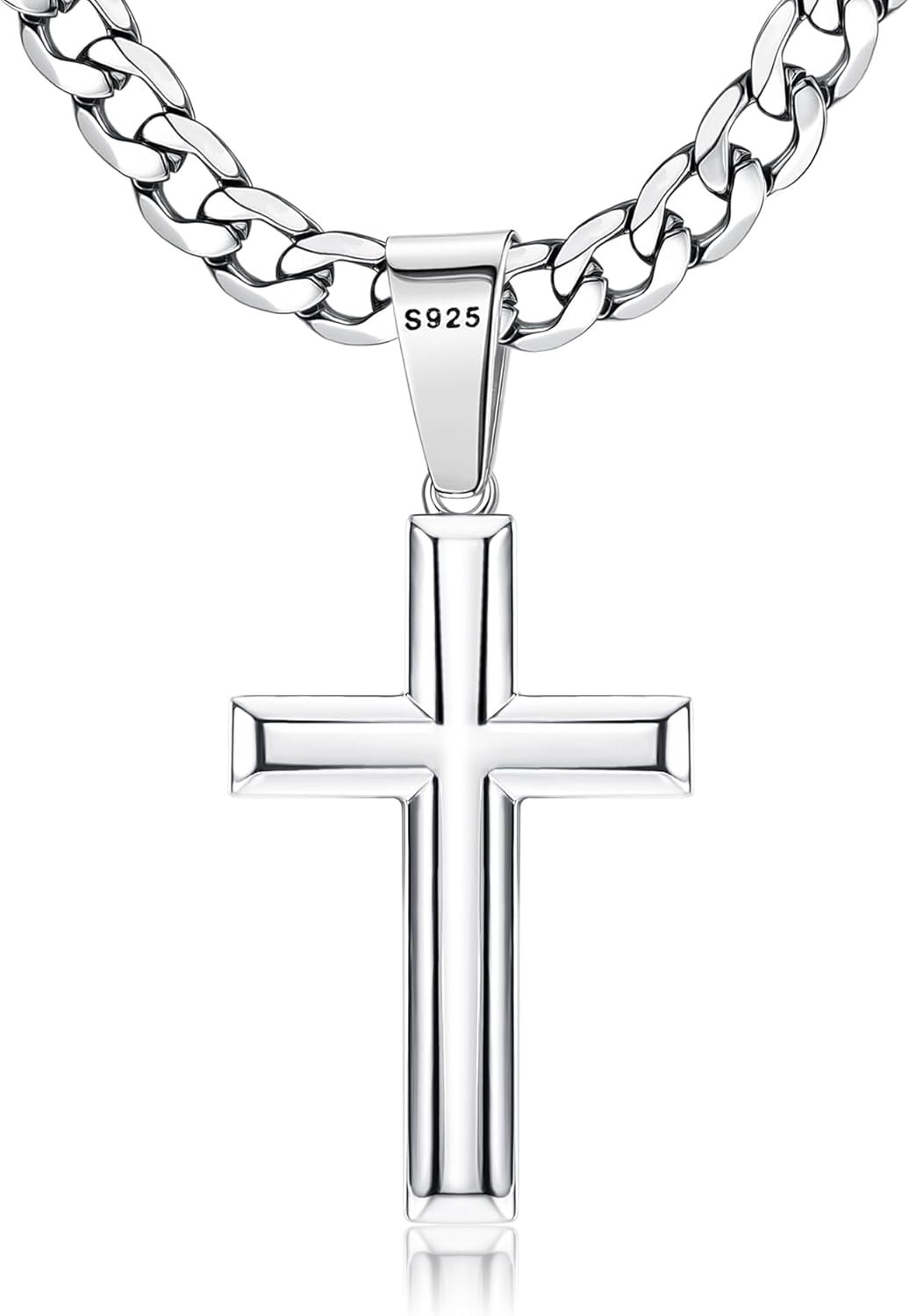 Besteel 925 Sterling Silver Cross Necklace for Men Women – 5mm 316L Stainless Steel Cuban Link Chain – Religious Baptism Easter Spring Cross Pendant Simple Faith Jewelry 16-30 Inches
