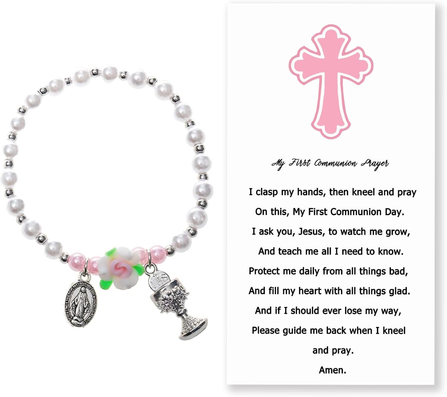 PuGez First Holy Communion Gifts, Rose and White Bead Stretch Bracelet Religious Charms Keepsake with Prayer Card, Meaningful Present for Youth Baptism, Confirmation, Christening