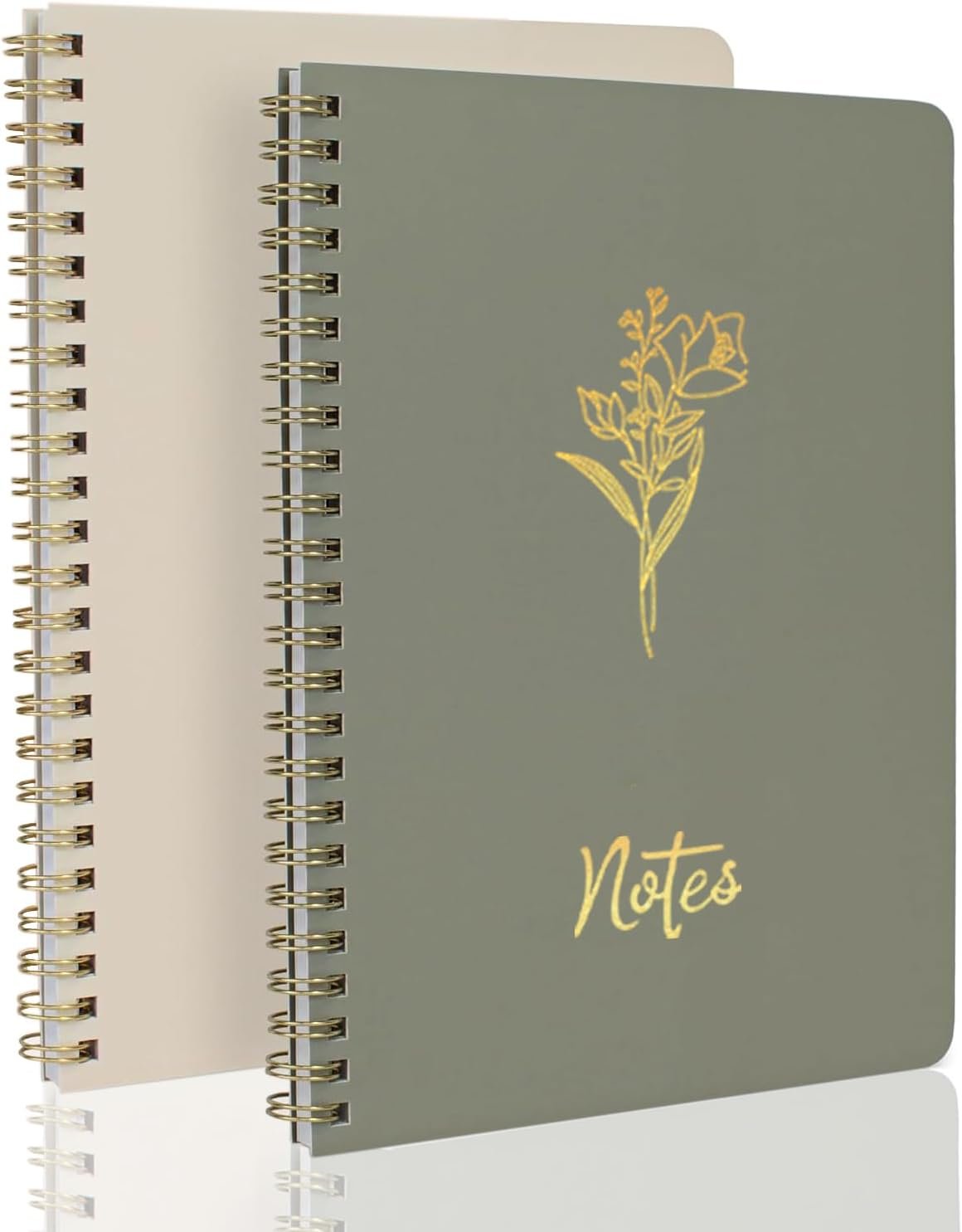 Prelady Spiral Notebooks for Women, 2 Pack College Ruled Wirebound Notebooks with Gold Floral Design, Aesthetic Journaling Notebooks for Writing, School, Work, Office Supplies (Beige/Sage)