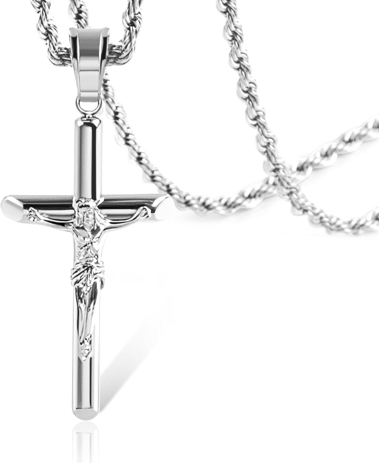 ALEXCRAFT Sterling Silver Plated Cross Necklace for Men Gold Plated Cross Necklaces for Women Trendy Stainless Steel Crucifix Pendant with 3mm 21inch Rope Chain
