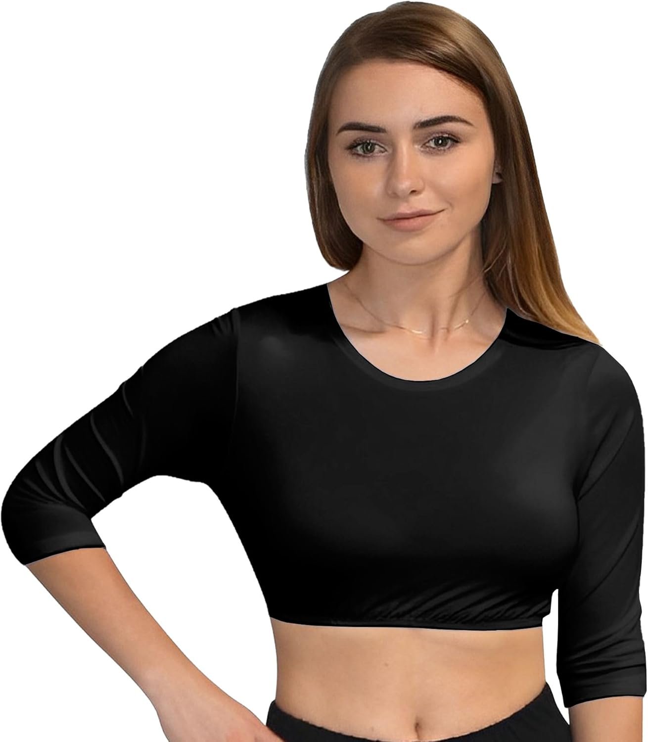 Kosher Casual Women’s Modest High Neck Cropped Layering Shell – Viscose Spandex 3-4 Sleeve Base Pullover Top