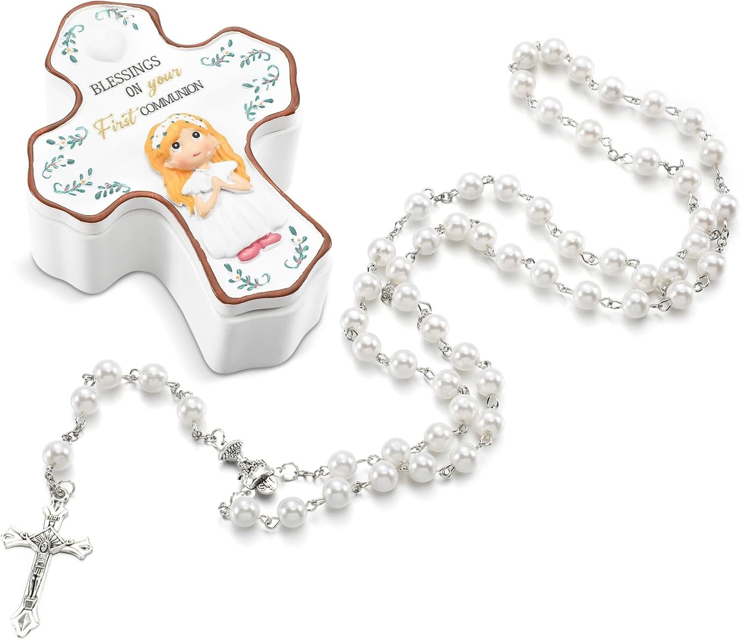 Willinglong First Communion Rosary and Porcelain Box, Blessed Baptism Gifts for Girl or Boys, White Rosary with Cross Blessings Stunning First Communion Gifts for Mother, Grandmother, Elders