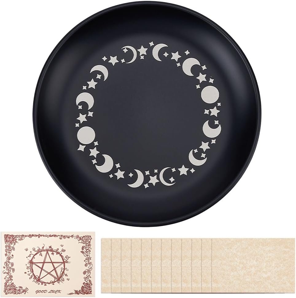 5.5 Inch Altar Ritual Plate Bowl Stainless Steel Flat Bowl Round Black Metal Jewelry Tray Astrology Tarot Offering Plate Ring Trinket Holder with 12Pcs Tarot Cards for Witchcraft Wiccan