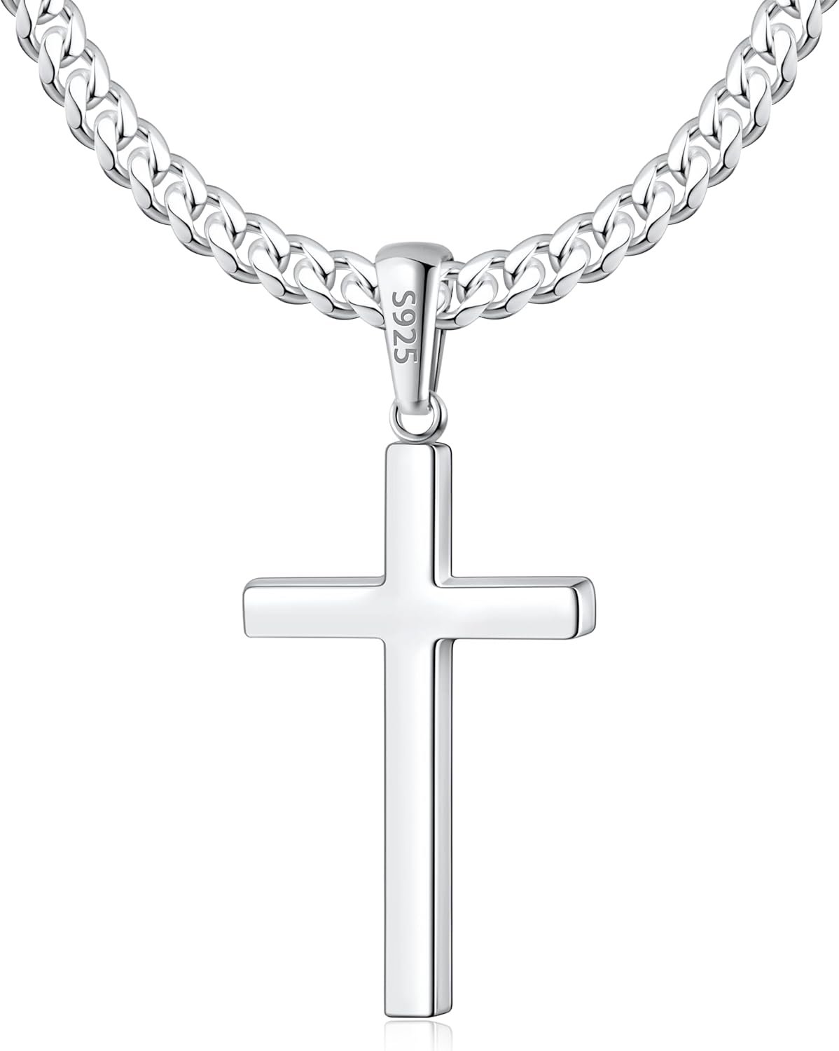 S925 Sterling Silver or 18k Gold Plated Cross Necklace for Men Women, Thick Sterling Silver Cross Pendant with 4mm Cuban Chain, Sturdy, Not Easy to Fade, Hypoallergenic 16-26 Inches