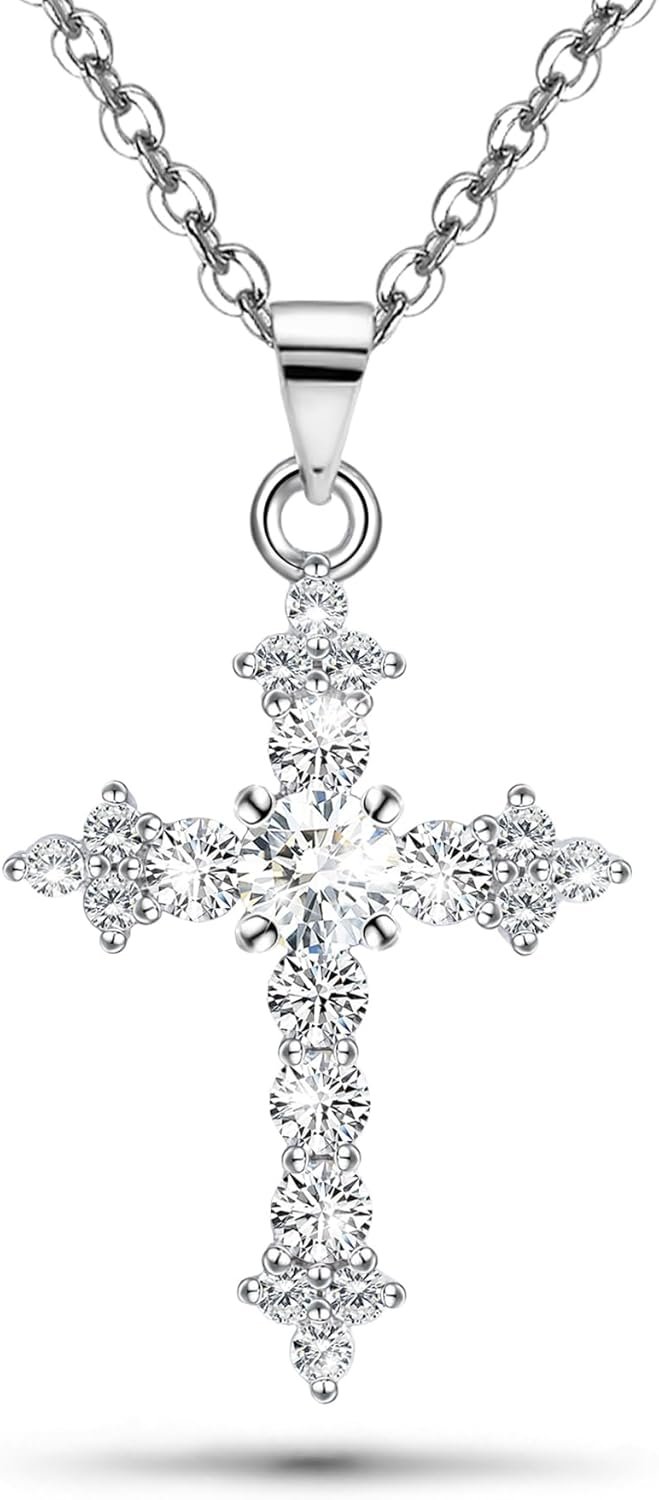 Cross Necklace for Women White Gold Plated Sterling Silver Dainty Cross Pendant Necklaces Baptism Confirmation Jewelry Gifts for Her Wife Mom