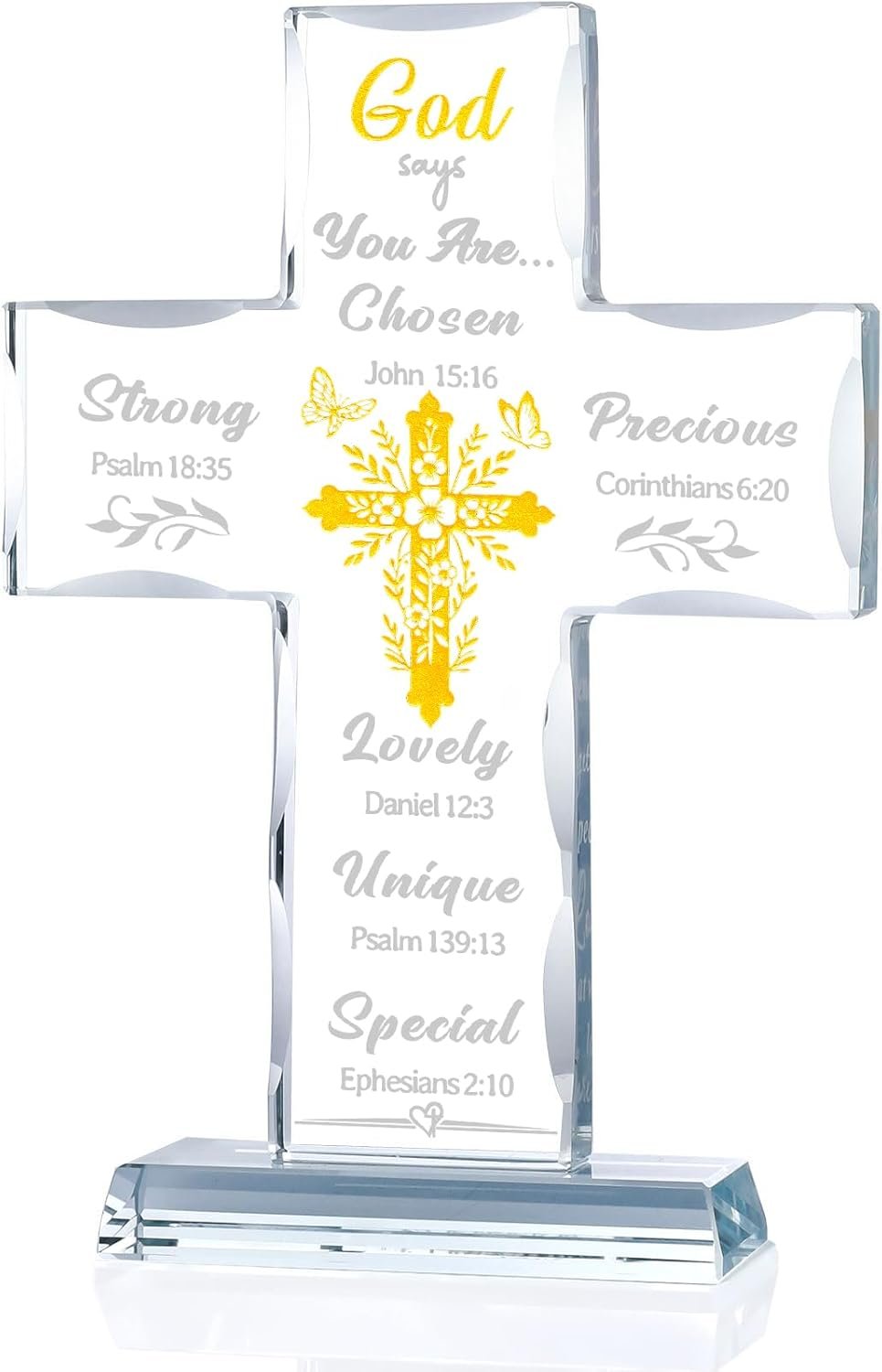 Christian Cross Gifts for Women Men, Religious Gift for Friends, Mom – God Says You Are, Inspirational Bible Verses Glass Stand Cross Spiritual Home Desk Decor