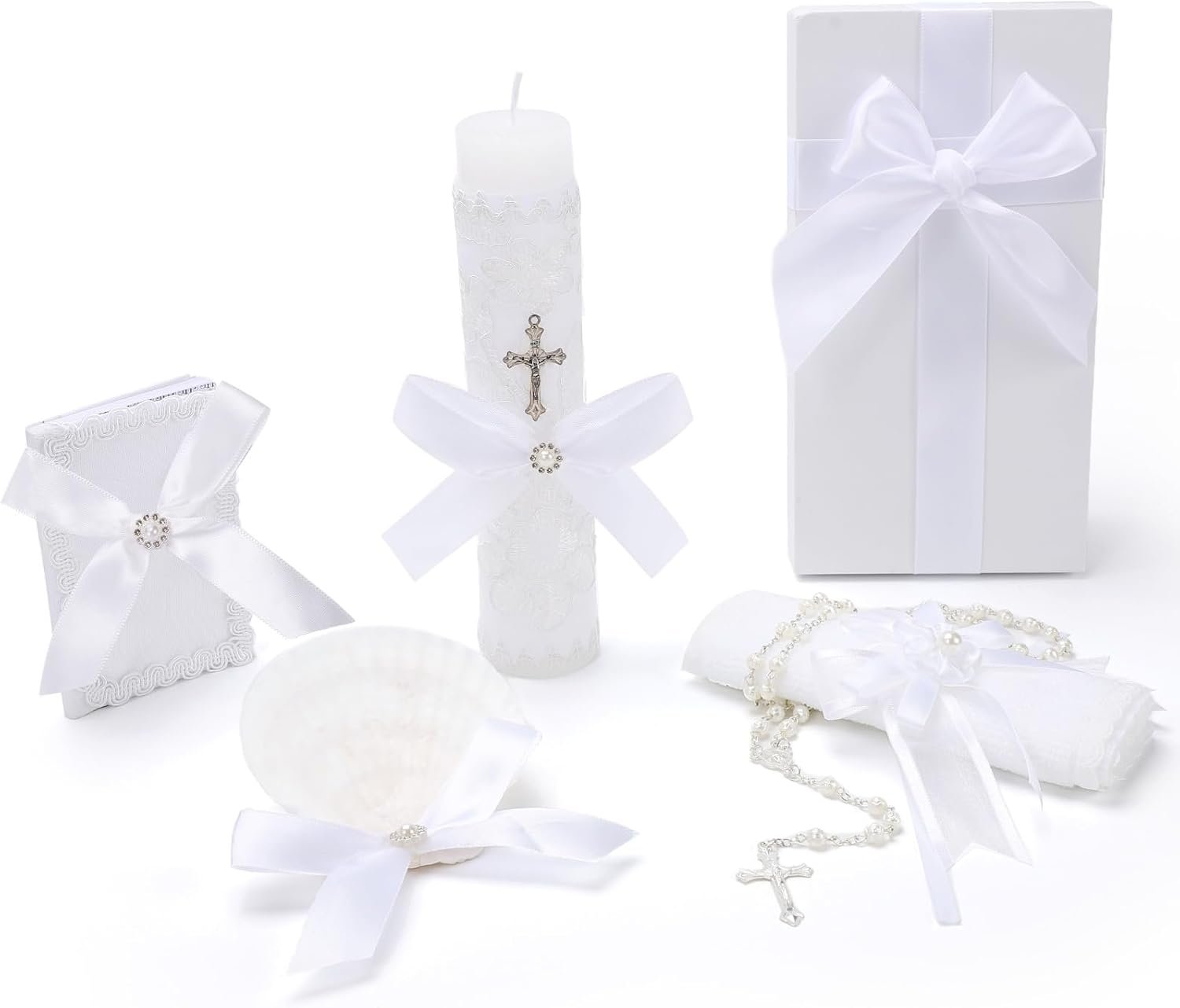 Baptism Candle Set for Boys and Girls,White 5 PCS Baptism Kit Catholic Candle,Baptismal Towel,Shell,Rosary,Bible for Baptismal Christening First Communion Gift,Velas para Bautizo De Niño o Niña
