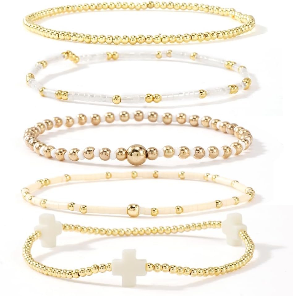 Gold Beaded Bracelets Stack for Women Stackable 14K Gold Plated Beads Ball Cross Bracelet Boho Christian Jewelry Faith Friendship Birthday Gifts for Women