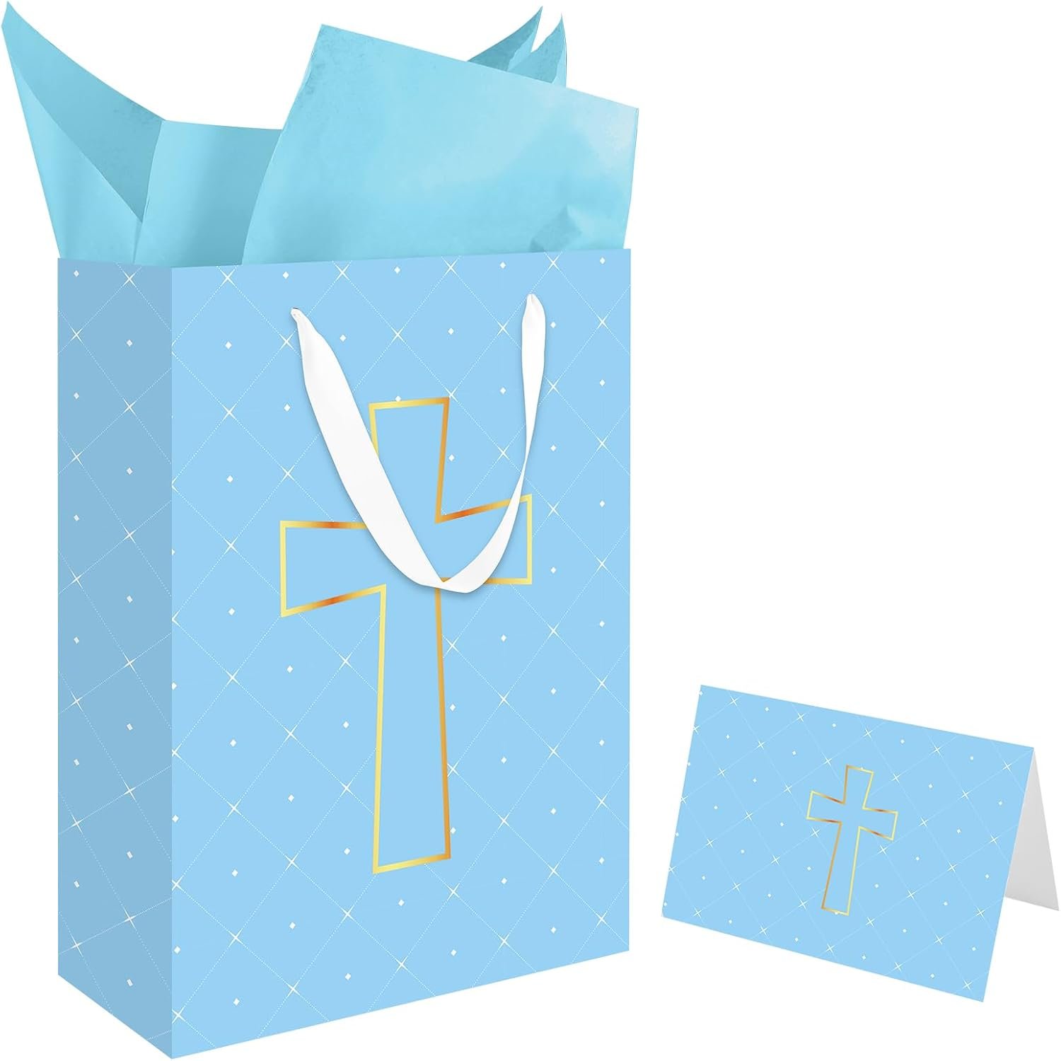 woric Baptism Gift Bag, 14″ Blue Gift Bag with Cross Design Tissue Paper Card for Baby Boy Baptisms First Communions Christenings Religious Occasion(10″ x 5″ x 14″)