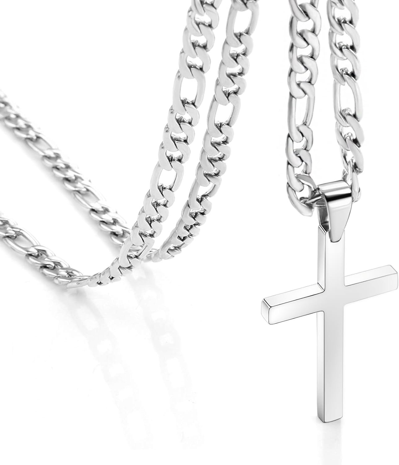 CaptainSteeL Cross Necklace for Men – Stainless Steel Silver/Gold Plain Cross Pendant Necklace Simple Jewelry Gifts, 20/22/24/26 Inches 3:1 Figaro Link Chain 4/5/6mm Width