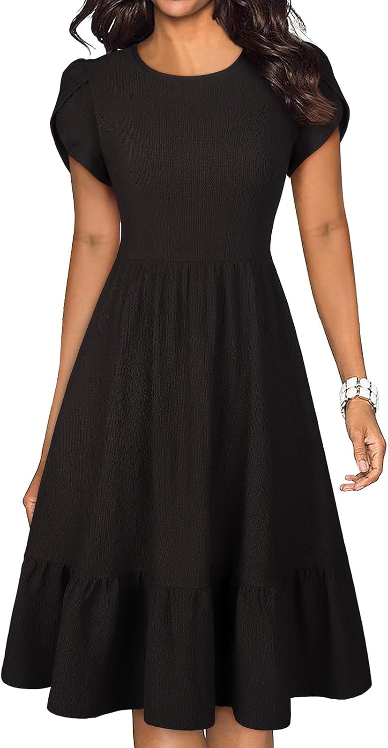 Lyrur Women’s 2026 Summer Short Sleeve A-Line Midi Dresses Casual Flowy Floral Beach T-Shirt Dress with Pockets