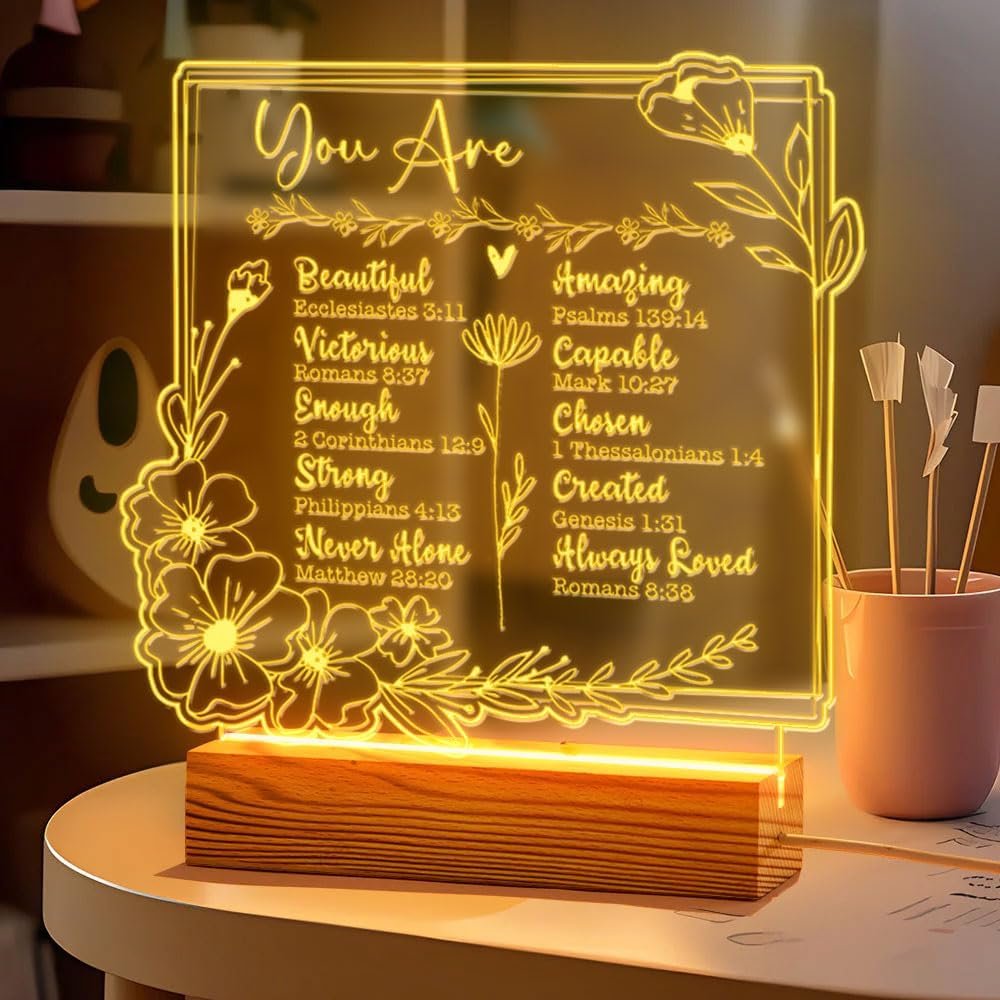 You Are Beautiful – Heartfelt LED Night Light for Women – Inspirational Christian Gift – USB Powered Lamp with Encouraging Message – Wooden Base – Birthday Gift for Women – Christian Home Decor