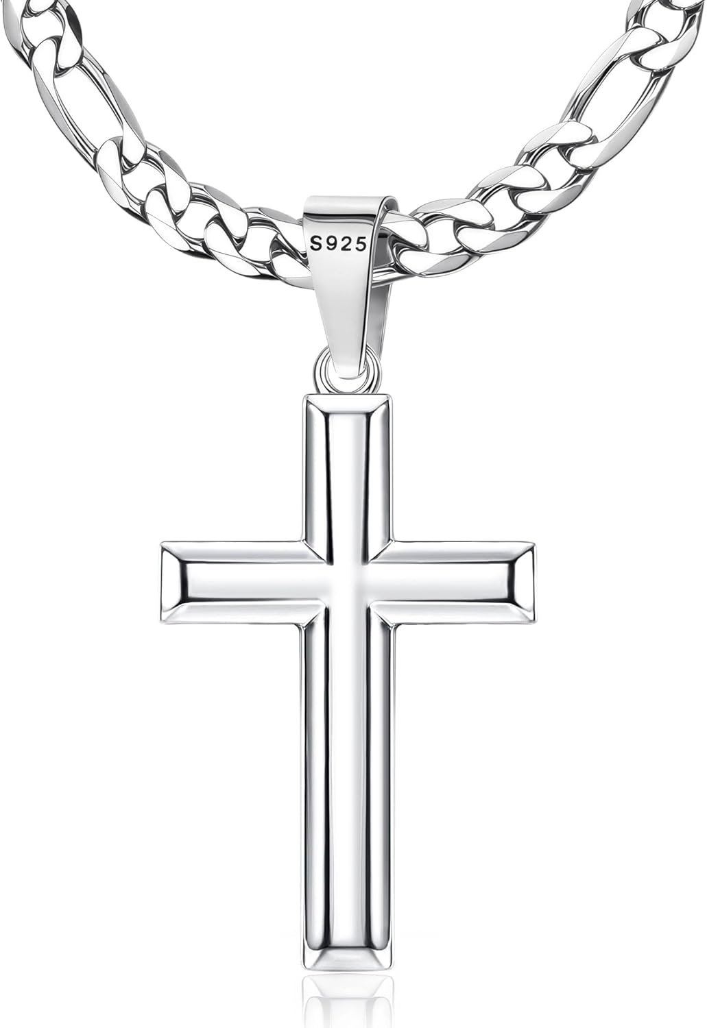 MILACOLATO 925 Sterling Silver Cross Necklace for Men Women – 5mm Durable 316L Stainless Steel Figaro Link Chain with Beveled Edge Cross Pendant, Silver Crucifix Necklaces Jewelry, 16-30” Christian Baptism Gift