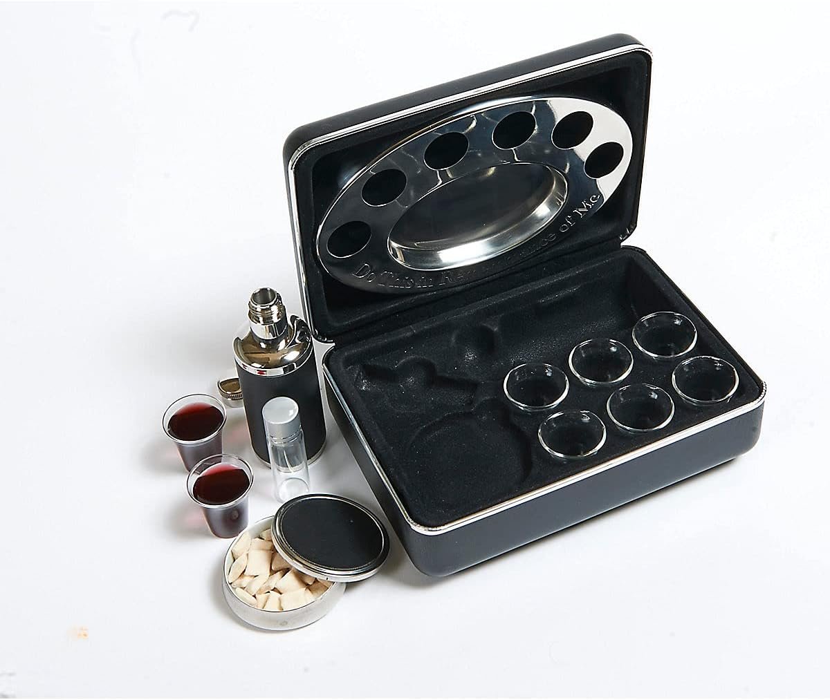 Broadman Church Supplies Legacy Portable Communion Set, 6 Glasses, Stainless Steel Bread Container and Serving Tray, 100ml Juice Container, Anointing Oil Bottle