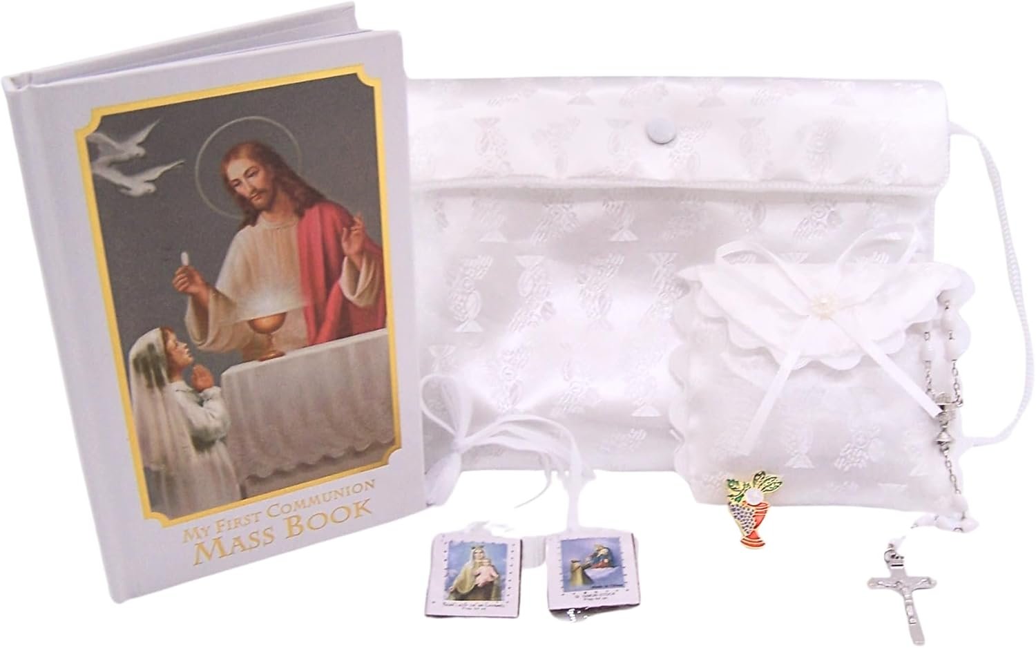 First Communion Satin Purse Gift Set, Religious Gift for Girls, 7.5 Inches
